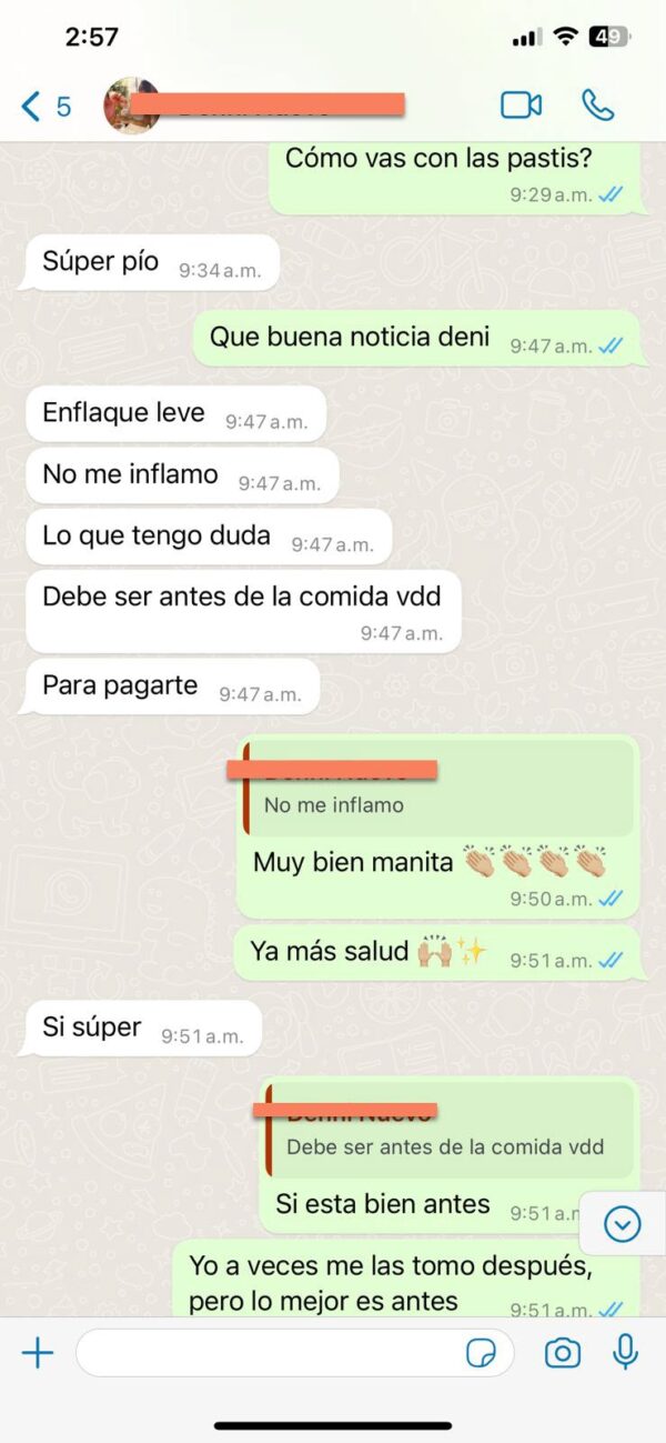 Testimonio de cliente por WhatsApp sobre inflamación