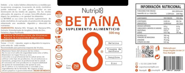 Betaina Nutripl8 etiqueta Betaina Nutripl8 etiqueta